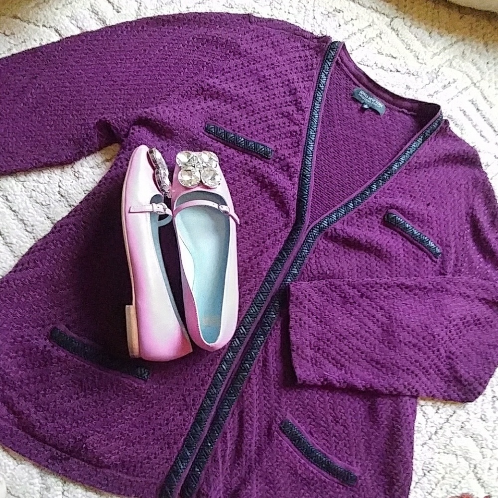 Vegan leather trimmed Womens Cardigan Sweater